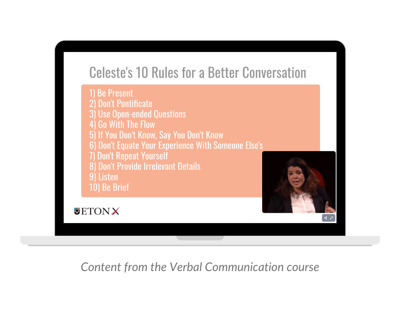 Celeste's 10 Rules for a Better Conversation - Image from Verbal Communication Course.